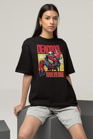 Marvel Wolverine X Deadpool Baskılı Unisex Tişört, Oversize Film Siyah