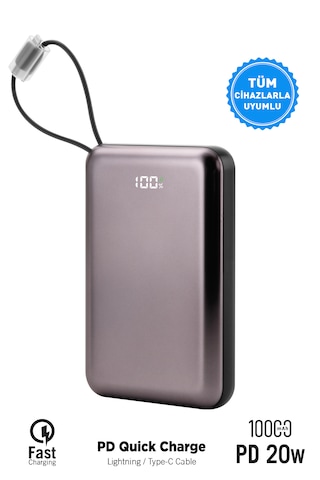 10.000 Mah Kablolu Pd Quick Mini Electronic Painting Powerbank Taşınabilir Sarj Cihazı Açık Gri