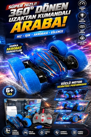 360 Dönebilen Akrobat Uzaktan Kumandalı Araba Şarjlı Çift Taraflı Stunt Car Led Işıklı Oyuncak Araba Mavi
