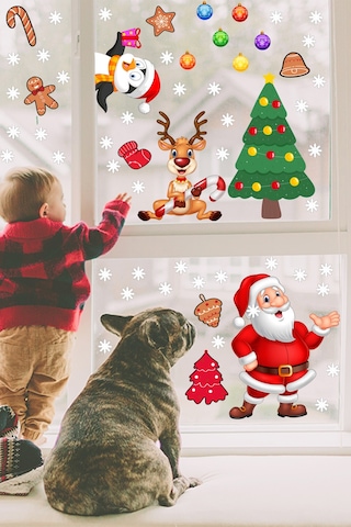 Yılbaşı Sticker Noel Baba Penguen Geyik Yılbaşı Ağacı ve Kar Taneleri