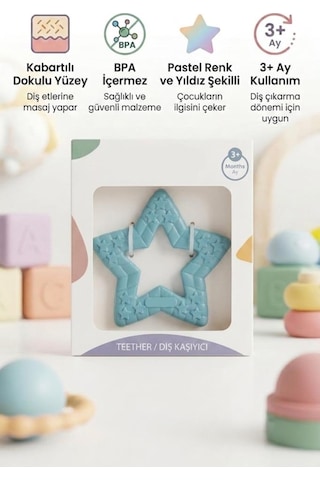 Yıldız Şekilli Esnek Bpa İçermeyen Kabartılı Pastel Renkli Oyuncak Bebek Diş Kaşıyıcısı Turkuaz
