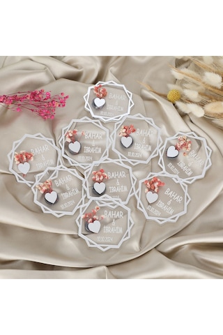 10 Lu Kişiye Özel Akrilik Magnet Nikah Şekeri - Gümüş Detaylı Çiçekli Tasarım