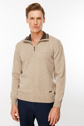 Erkek Fermuarlı Yaka Klasik Yün Kazak K.bej K.bej