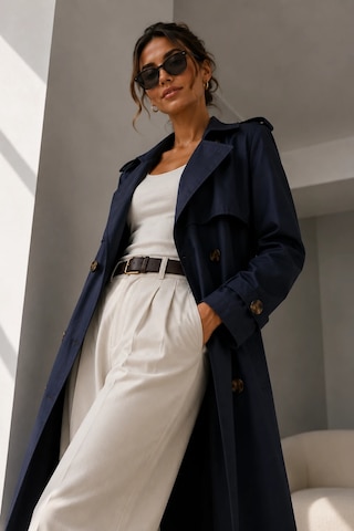 Bb Butik Basic Kadın Uzun Kruvaze Trençkot Düğmeli Klasik Model Tc0635 Lacivert