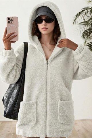 Aclassics Peluş Kuzu Kıvırcık Torba Cepli Kolej Mont Siyah Ks2526 Beyaz
