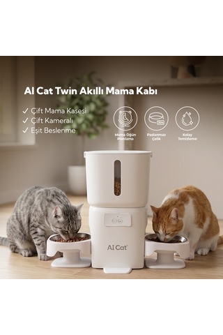 Aı Cat Twin Otomatik Mama Kabı - Çift Kameralı, Sesli Etkileşimli, 2 Kaseli Kedi & Köpek Mama Dağıtıcı