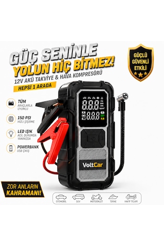 Voltcar Akü Takviye Cihazı Akıllı Araç Lastik Şişirme Kompresörü Powerbank Dijital Ekranlı Taşınabilir Hava Pompası