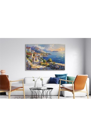 Yağlı Boya Dokulu Tablo Modern Spatula Akdeniz Evleri Manzarası Gümüş Çerçeveli U06039-179004