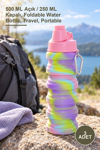 3 Adet Katlanabilir Portatif Silikon Su Şişesi 500 Ml Açık / 250 Ml Kapalı, Foldable Water Bottle, Travel, Portable