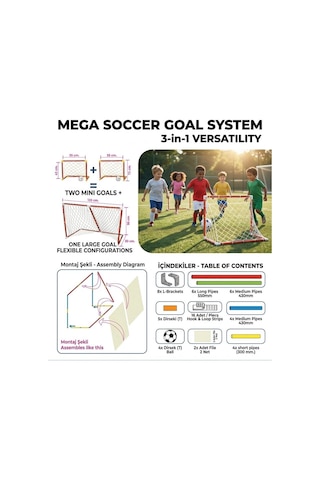 3'ü 1 Arada Mega Futbol Kalesi Taşınabilir Fileli 120cm Toplu Eğlenceli Futbol Kalesi Oyun Seti