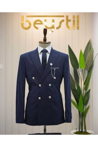 Beystil Sivri Yaka Lacivert Çizgili Kruvaze Takım Elbise Bezayak036 - Slim Fit Lacivert
