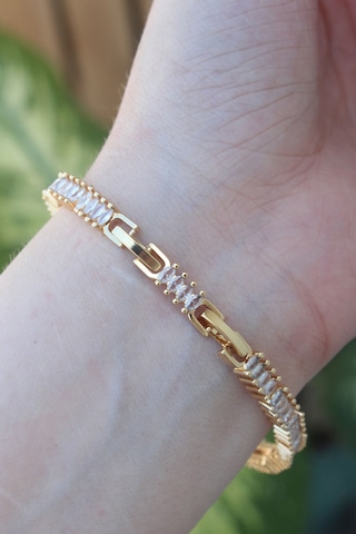 Nova Bazaar Vip Seri Pirinç Pembe Zirkon Taşlı Gold Renk Baget Model Bileklik Altın