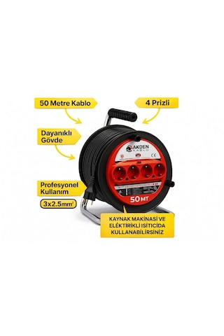Kablo 50 Metre 3x2,5mm Makaralı Uzatma Kablosu Tam Kesit Kaynak Makinası Kullanıma Uygundur 50 M