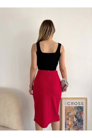 Yırtmaçlı Esnek Kumaş Midi Boy Etek Koyu Kırmızı Kırmızı