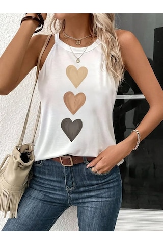 Simala Kadın Omuzlardan Açık Boyundan Askılı Kalp Baskılı Viskon Bluz Beyaz