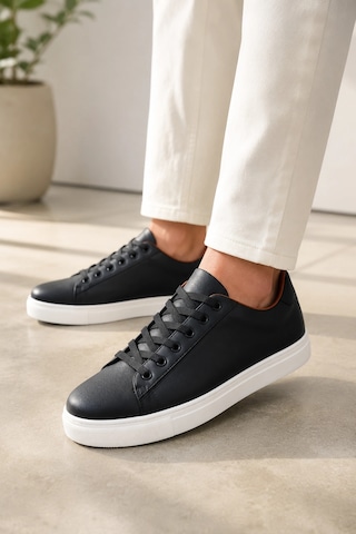 Mevese Austin Bağcıklı Cilt Erkek Günlük Sneaker Ayakkabı - Siyah Beyaz