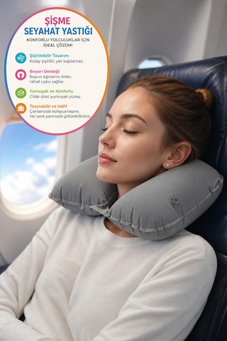 Gri Şişme Seyahat Boyun Yastığı Uçak Araç Kamp İçin Ergonomik Taşınabilir Travel Yastık