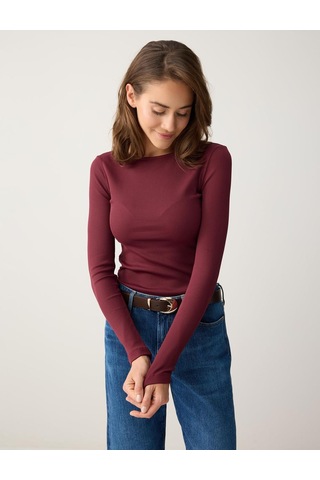 Jimmy Key Jimmy Key Bordo Dar Kesim Uzun Kollu Kayık Yaka Örme Bluz 6sw035204562