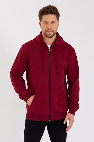 Assema Erkek 3 İplik Pamuklu Tam Fermuarlı Kapüşonlu Kanguru Cepli Düz Hoodie Sweatshirt - Bordo Çok Renkli