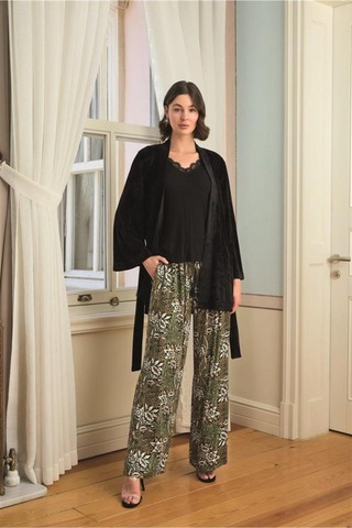 Lisinya Çiçek Yaprak Ve Etnik Desenli Dantelli 3 Lü Pijama Takımı Siyah