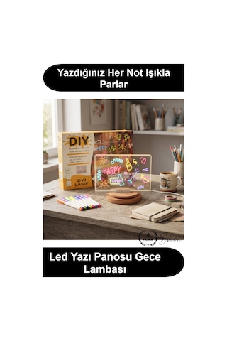 Ledyazıpanosu Dıy Işıklı Not Tahtası Gece Lambası Akrilik Masaüstü Mesaj Levhası 7 Renk Kalem 6 Çiz Standart