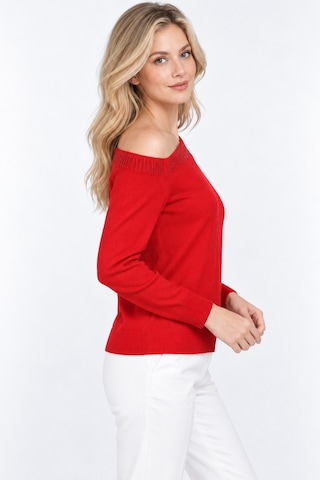 Bihan Store Kadın Triko Sandık Yaka Boncuk İşlemeli Bluz W27-2916-kırmızı