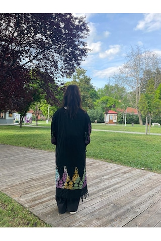 Siyah Renkli Etnik Desenli Kaftan Kimono Salaş Yazlık Plaj Ve Günlük Kullanım Siyah Turuncu