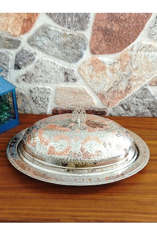 Modabakir Kayık Tabak, Bakır Sahan Kapaklı Işlemeli 30 Cm