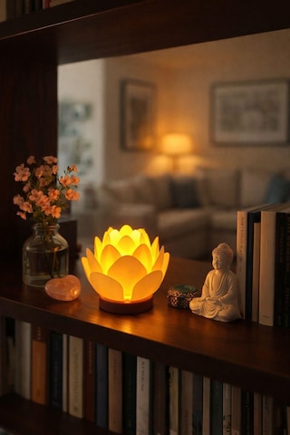 Lotus Çiçeği Tasarımlı Dekoratif Obje Pilli Mum İle Kullanım Ev Dekorasyonu Hediye Alternatifi Kahve Beyaz