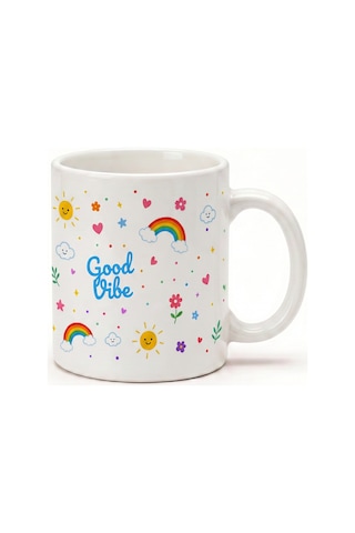 Good Vibe-stay Positive Yazılı Desenli Kupa Bardak - Baskılı Seramik Hediye Kupa Bardak Çok Renkli