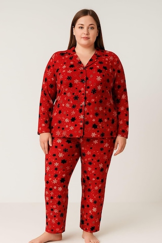 Kadın 02170 Büyük Beden Süet Düğmeli Pijama Takımı Kırmızı Kırmızı