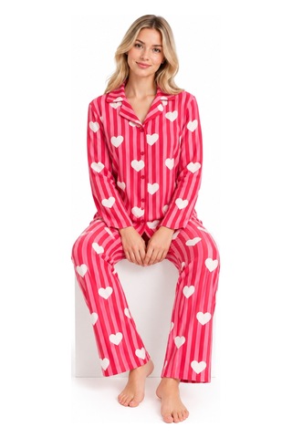 Sleeeproom Kadın Süet Düğmeli Mevsimlik Çizgili Kalp Desen Pijama Takımı Kırmızı Kalpli