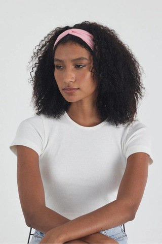 Beyaz Kısa Kol Bisiklet Yaka Vücuda Oturan Kaşkorse Crop + Bandana Set %100 Pamumklu, Esnek Rahat Beyaz-pembe