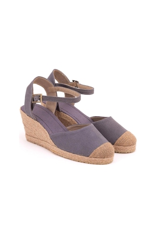Star Tombis Gerçek Elişi Topuğu Açık Burnu Hasırlı Bilekten Bantlı Dolgu Topuk Keten Hasır Espadril Handmade Gri