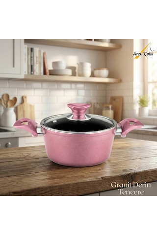 20 Cm Granit Derin Tencere Cam Kapak - Mürdüm Mürdüm
