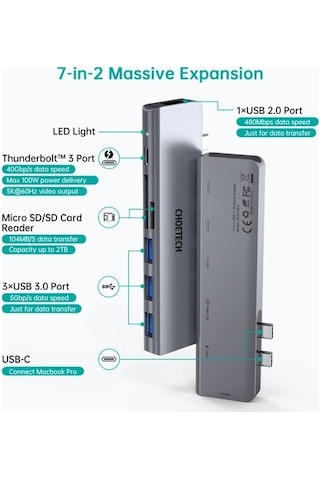 Choetech 7 In 1 Type C Çevirici Macbook Çoklayacı Adaptör Gri M23