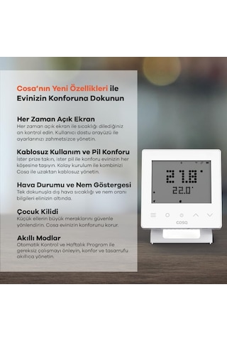 Cosa Akıllı Oda Termostatı Kablosuz Kombi Kontrolü V5 Beyaz