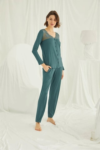 Monamise 19307 Kadın Uzun Kollu Yakası Ve Omzu Dantelli Önü Boydan Düğmeli Pijama Takımı-yeşil YESIL