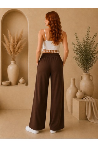 Mitodo.com Casual Örme Kumaş 2 Cepli Belden Ayarlamalı Pantolon Koyu Kahve