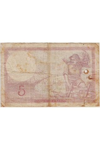 Fransa 5 Frank 1939 Alt Kenarda 1 Cm Yırtık Ve Solda Yanık Deliği Var Temiz -