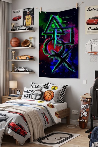 Neon Graffiti Duvar Örtüsü, Genç Odası Dekoru Baskılı Kumaş Duvar Halısı Beyaz