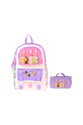 Kaukko Kids Cat Life Mor - Krem Kız Çocuk İlkokul Sırt Çantası Ve Kalem Çantası Seti - Setkk-l5313c