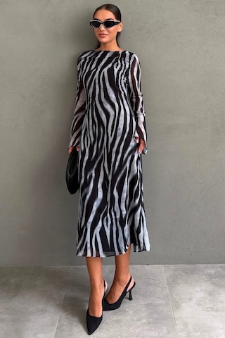Madmext Gri Zebra Desenli Şifon Midi Elbise Mg2854