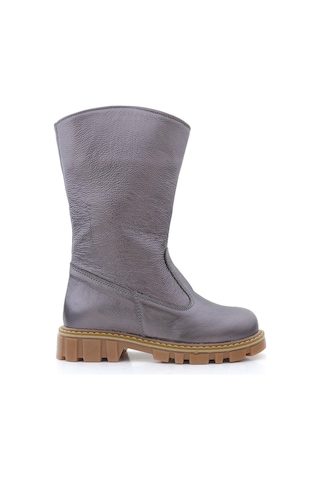 Rakerplus Hakiki Deri Platin Fermuarlı Uzun Kız Çocuk Çizme Platin