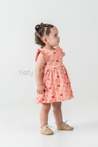 Hafy Baby Fırfır Kollu, Kırmızı Kalp Desenli, Yazlık Kız Çocuk / Bebek Elbisesi Yavruağzı