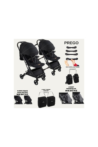 Prego Yan Yana Birleştirmeli Kabin Boy İkiz Bebek Arabası Ayak Örtüsü + Yağmurluk +taşıma Çanatası Siyah