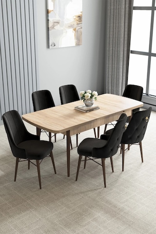 Zümra Serisi, Meşe Desen 80x132 Açılabilir Mdf Mutfak Masası Takımı 6 Adet Sandalye, Siyah