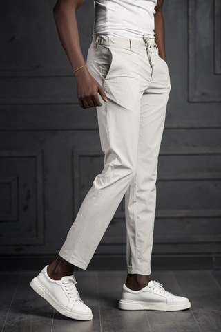 Beli Lastikli Ve İplikli Likralı Yazlık İnce Paraşüt Kumaş Jogger Pantolon Krem