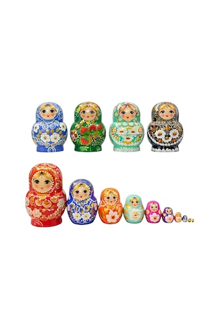 Onlu Ahşap Matruşka Bebek Seti Tombul 15cm Renkli 10 Parça T15