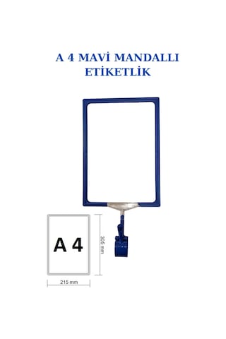 3 Adet Mavi A4 Mandallı Raf Sepet Etiketi Çerçeveli Etiketlik Mavi